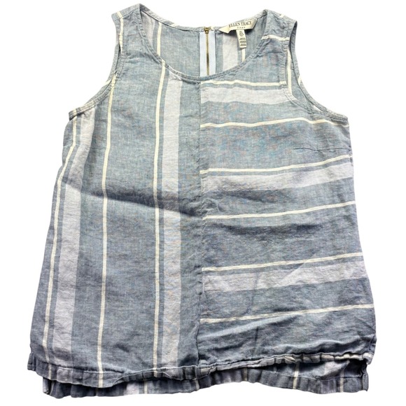 Ellen Tracy Tops - Ellen Tracy Linen Tank Top Blue White Striped‎ Sleeveless Blouse Back Zip Mens L